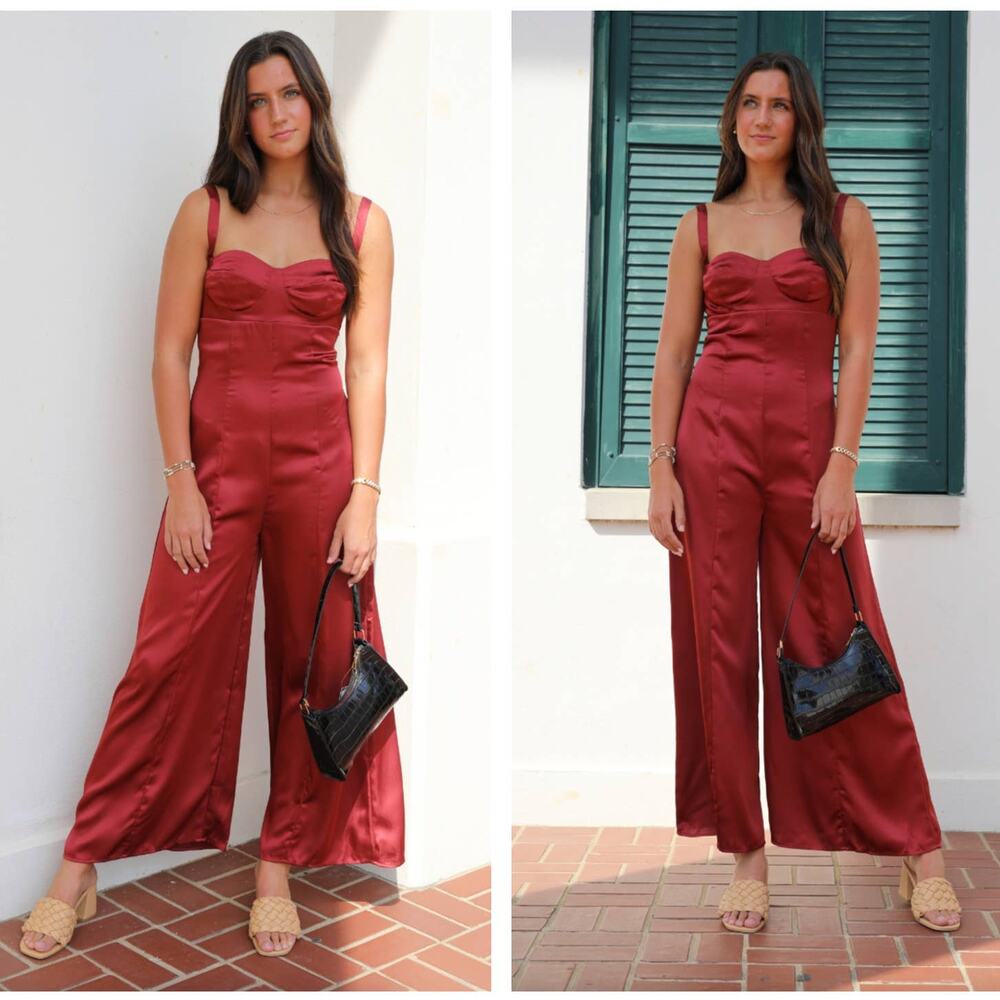STORIA Satin Sheen Palazzo Wide Leg Jumpsuit Marooon Red Sz M NWT {3B38}